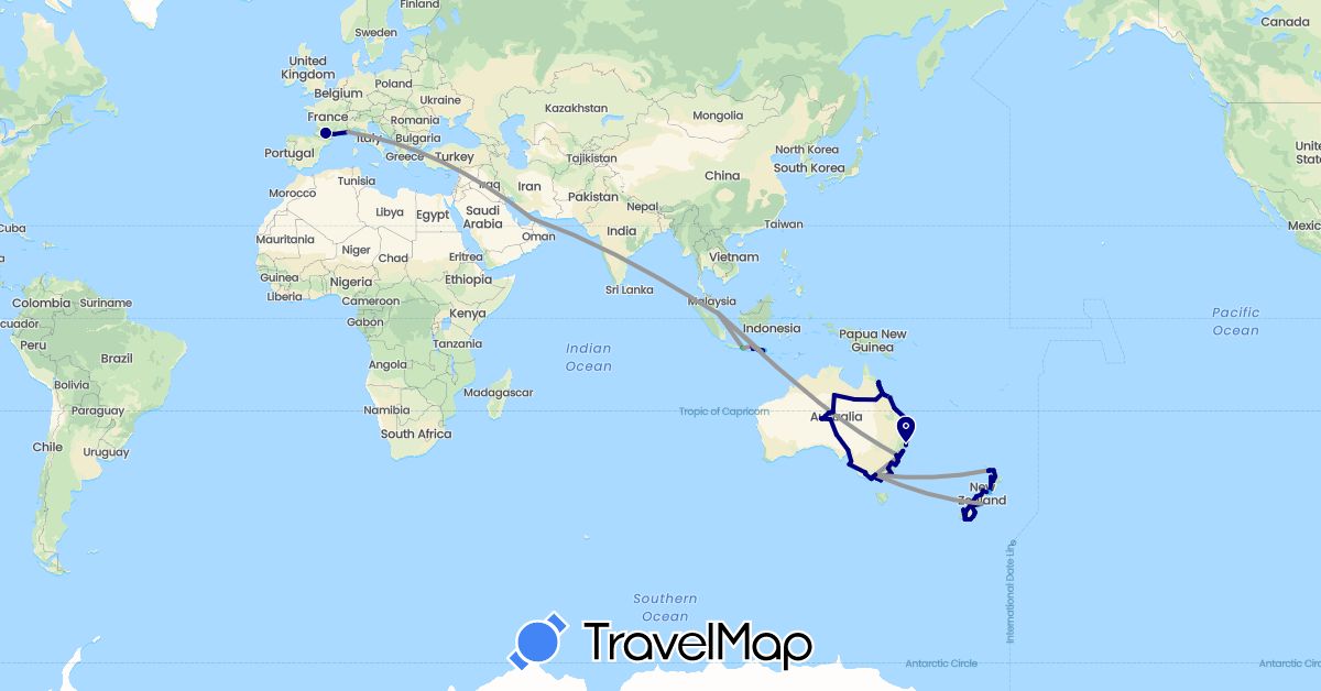 TravelMap itinerary: driving, bus, plane, train, hiking, boat, motorbike in United Arab Emirates, Australia, France, Indonesia, New Zealand, Singapore (Asia, Europe, Oceania)